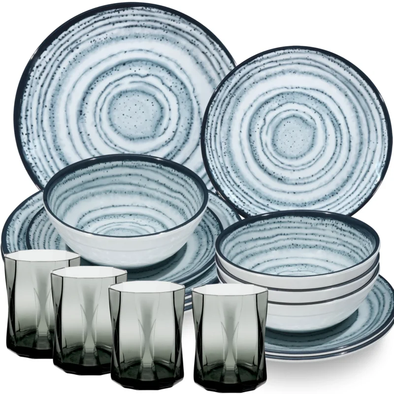 Melamin Geschirr Set Blau Schiefer für 4 Personen - 16 Teile - mit grauen Trinkgläsern 300 ml - Steingutoptik Spülmaschinengeeignet Essgeschirr Campingzubehör Campinggeschirr Wohnwagen Camping