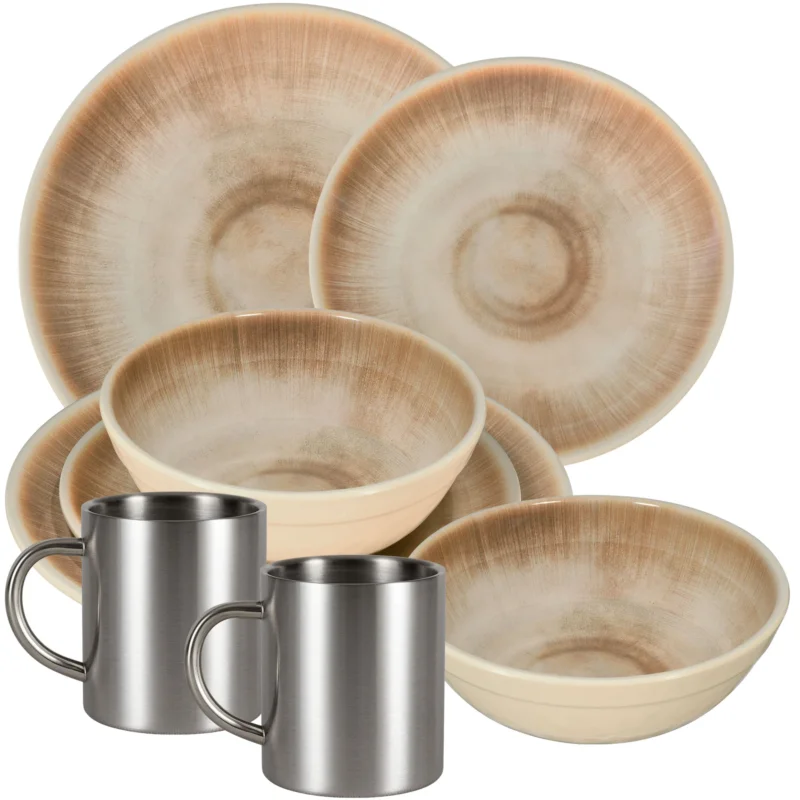 Melamin Geschirr Set Jesolo Sand für 2 Personen - 8 Teile - mit Edelstahl Thermo Tassen Steingutoptik Spülmaschinengeeignet Essgeschirr Campingzubehör Campinggeschirr Wohnwagen Camping Festival Picknick Gartenparty
