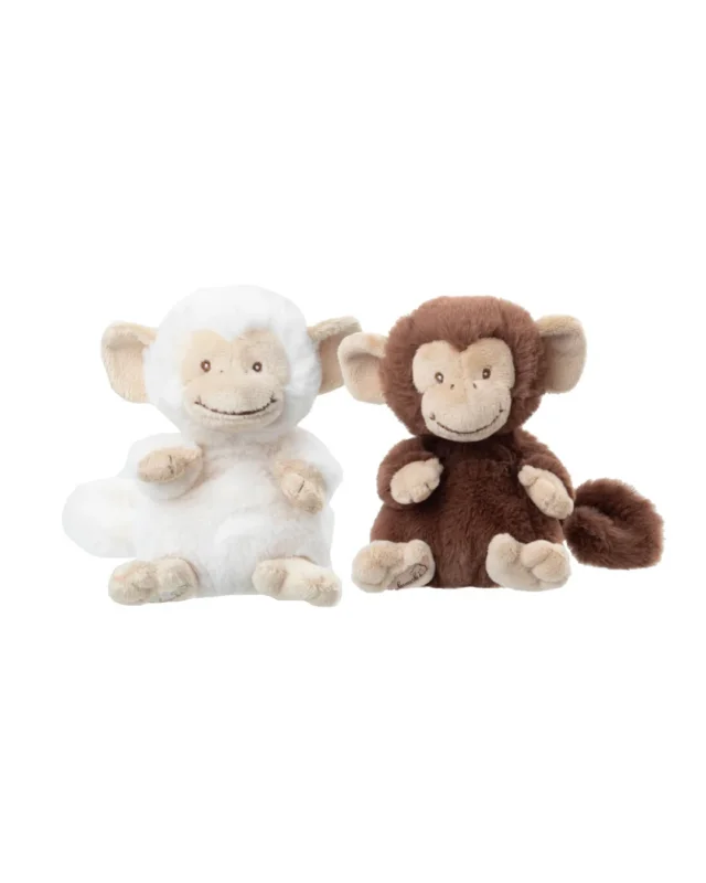 Zwei Affen-Kuscheltiere von Bukowski (weiße und Braune Variante) mit freundlichem Gesicht und weichem Fell.