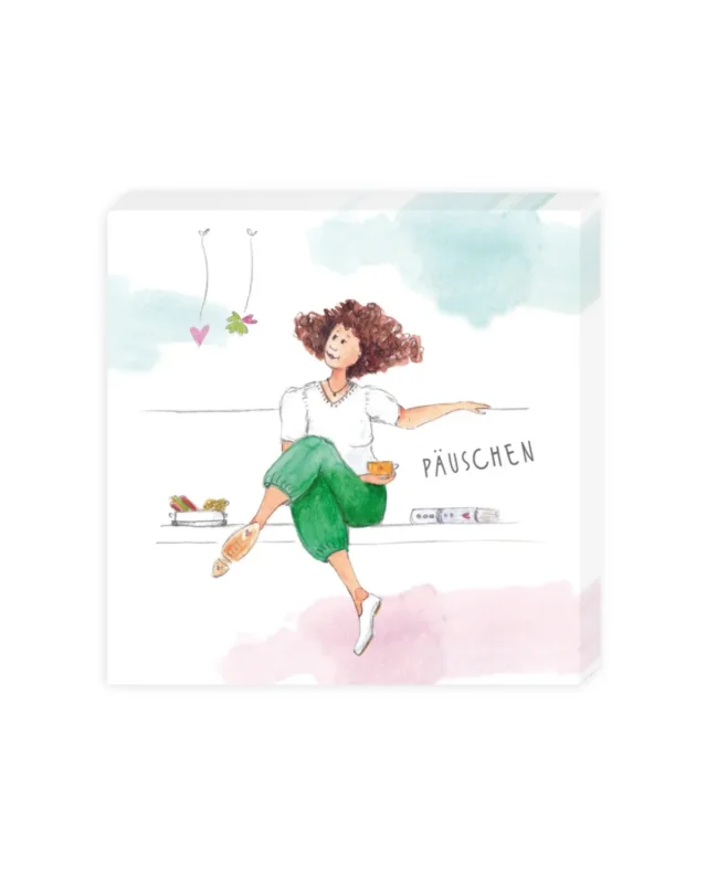 Cocktailservietten Frauenpower vom Grätz Verlag mit Illustration einer Frau beim Päuschen und Schriftzug, Design Karin Tauer
