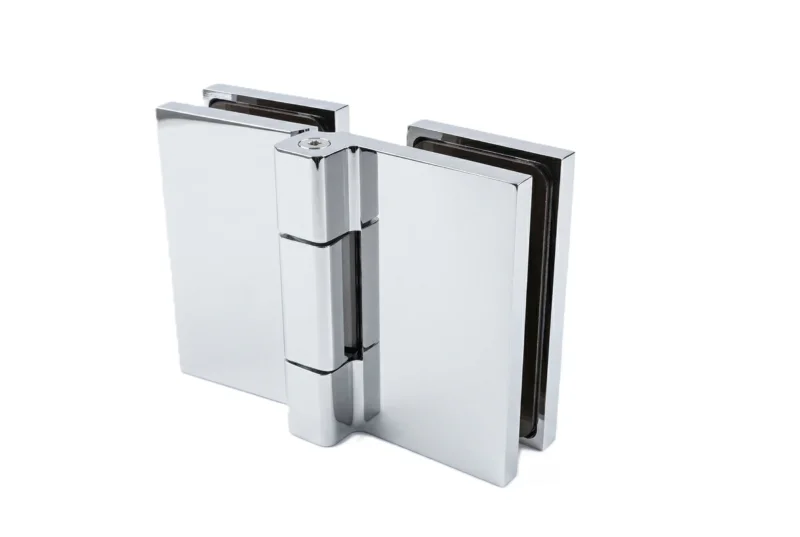 COMO Anschlagband 180° Glas-Glas – Messing massiv, 8/10 mm ESG, verdeckte Verschraubung, eckiges Design, Art.Nr. COM180