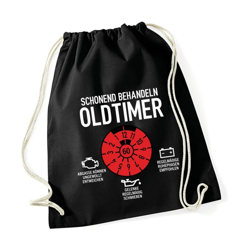 Turnbeutel Geburtstag Geschenk mit Spruch Oldtimer Frischer Jahrgang Gästebuch Turnbeutel Rucksack Baumwolle schwarz natur personalisiert Party Beutel