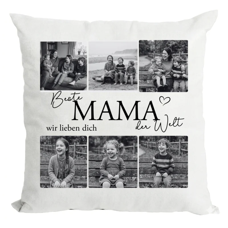 Personalisiertes Kissen Mama Geschenk Muttertag mit Foto Wunschname Geburtstagsgeschenk Mutter Beige Grau Weiß verschiedene Motive wählbar