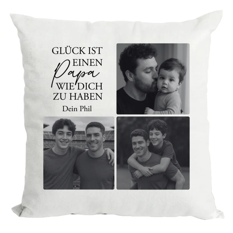 Personalisiertes Kissen Vater Geschenk Vatertag mit Foto Wunschname Fotokissen Papa Geburtstag Geschenk Familie Kissen personalisiert Beige Grau Weiß verschiedene Motive wählbar