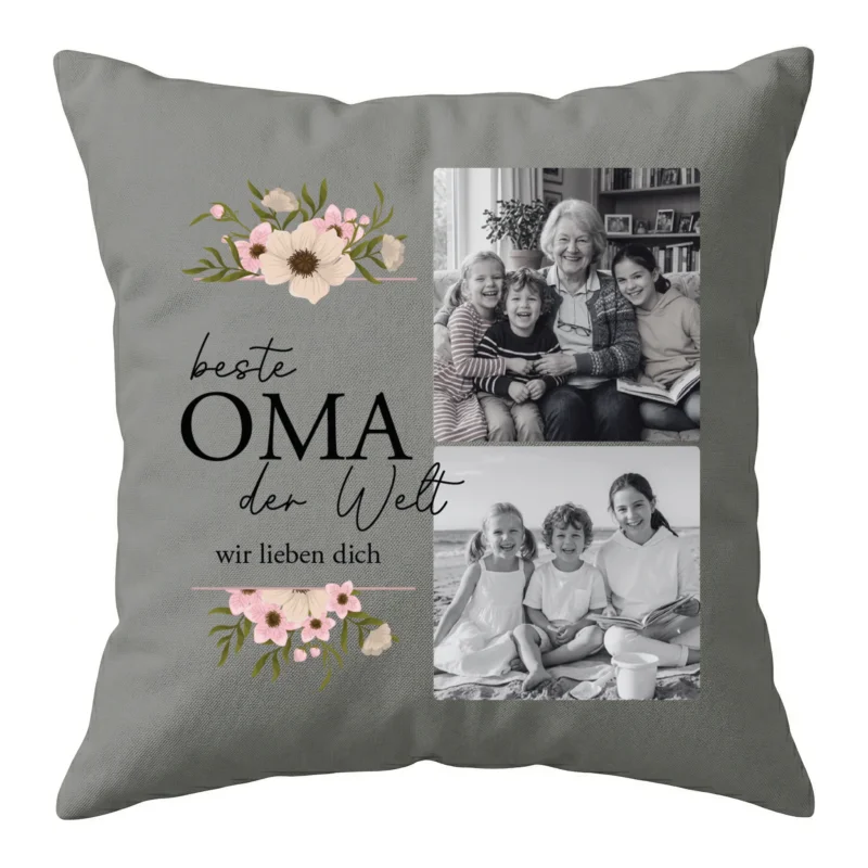 Personalisiertes Kissen Oma mit Foto und Wunschname – Fotokissen personalisiert Geschenk für Geburtstag Weihnachten – Kissen mit Wunschbild Beige Grau Weiß – Dekokissen Motive wählbar