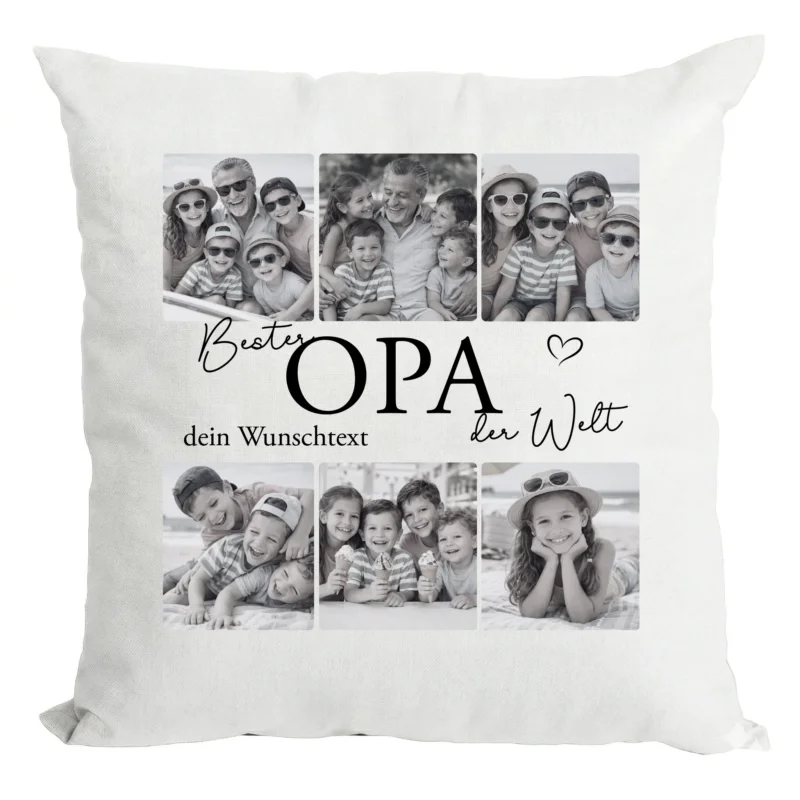 Personalisiertes Kissen Opa mit Foto und Wunschname – Fotokissen personalisiert Geschenk für Geburtstag Weihnachten – Kissen mit Wunschbild Beige Grau Weiß – Dekokissen Motive wählbar
