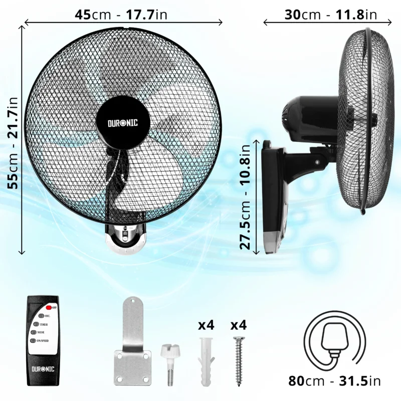 Duronic FN55 BK Wandventilator Maße Zubehör Kabellänge