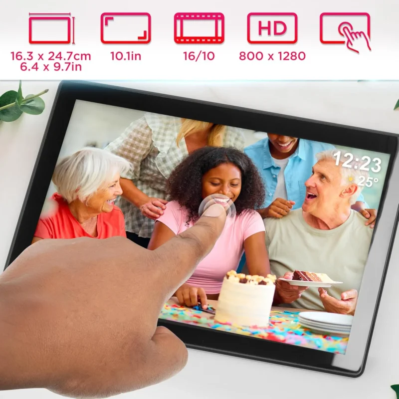 Duronic PF1D BK digitaler Bilderrahmen Frontansicht Touchdisplay HD Auflösung Mildformat Displaygröße Maße