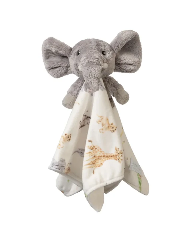 Elefant Schnuffeltuch "Little Savannah" von Wrendale Designs vor weißen Hintergrund. Der Kopf schaut fröhlich in die Kamera. Auf dem Tuch sind verschiedene kleine Savannen-Tiere abgebildet.