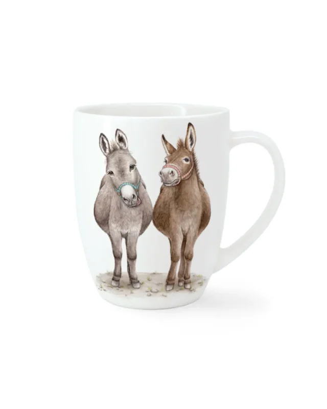 Esel Tasse Cheeky Donkeys von Maluu mit zwei illustrierten Eseln auf weißem Porzellan, Vorderseite mit Henkel