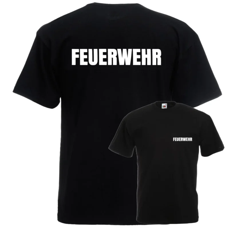 Alsino Feuerwehr T-Shirt schwarz - Feuerwehr-Shirt Sicherheit Shirt - 100 % Baumwolle Rundhals - Druck Brust & Rücken