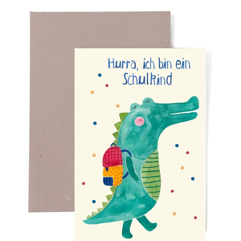 Klappkarte zur Einschulung mir Krokodil von Frau Ottilie_Hurra, ich bin ein Schulkind