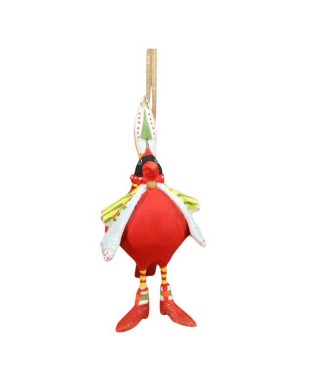 „Krinkle Mini Cardinal von Patience Brewster, handbemalter Vogelanhänger mit rotem Gefieder, gestreiften Beinen und farbigem Umhang.“
