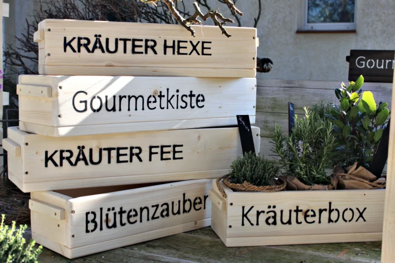 Blumenkasten " Das Original von Dekorie " aus Holz mit Schriftzug und Holz Griffen 50 - 90 cm breit / 19,5 cm tief / in natur
