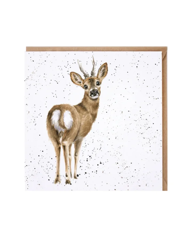 Reh Grußkarte "The Roe Deer" von Wrendale Designs vor weißen Hintergrund. Das Motiv zeigt ein Reh mit großen Augen welches sich zur Kamera dreht.
