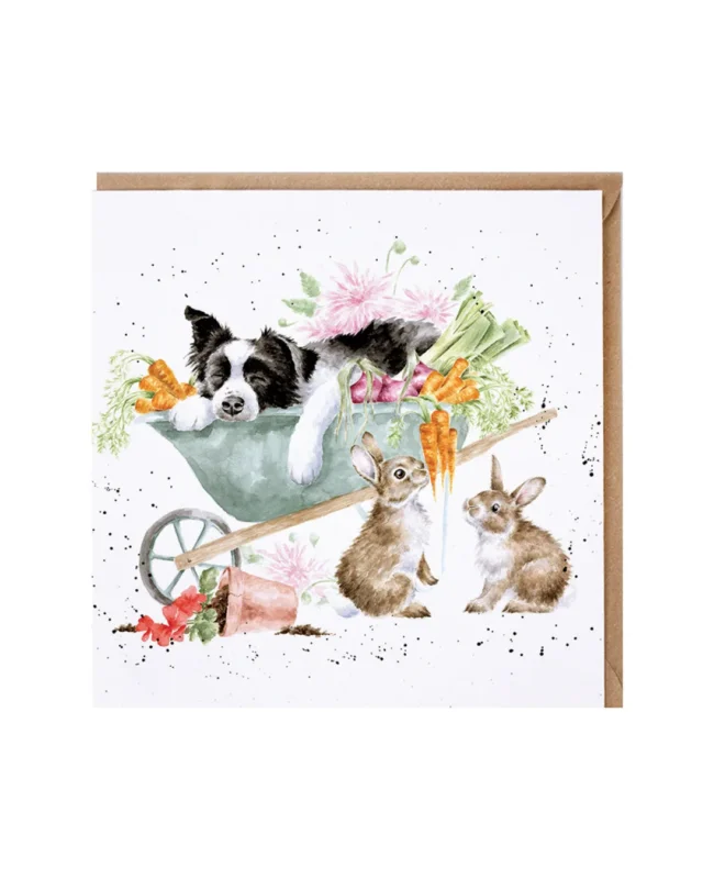 Grußkarte Sleeping on the Job von Wrendale Designs mit einem Hund, der in einer Schubkarre voller Gemüse schläft und dabei von zwei Hasen beobachtet wird.