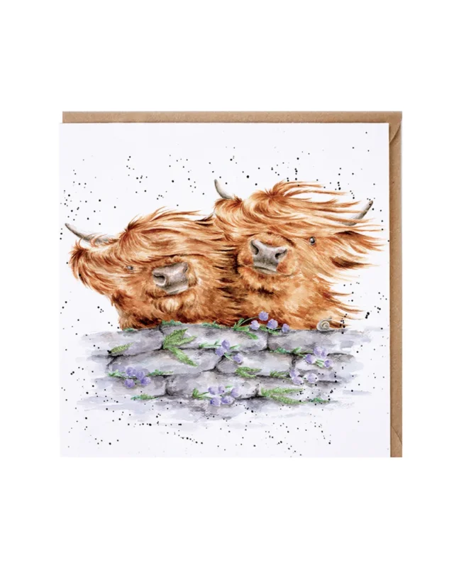 Auf der Grußkarte Hochlandrinder von Wrendale Designs sind zwei Hochlandkühe, hinter einer Natursteinmauer stehend, abgebildet. Wind verweht das lange Fell der beiden Tiere, die freundliche über die mit violetten Blumen bewachsene Mauer schauen.