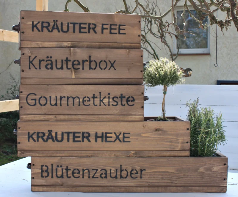 Blumenkasten " Das Original von Dekorie " aus Holz mit Schriftzug und Eisen Griffen 50 - 90 cm breit / 19,5 cm tief / in Braun
