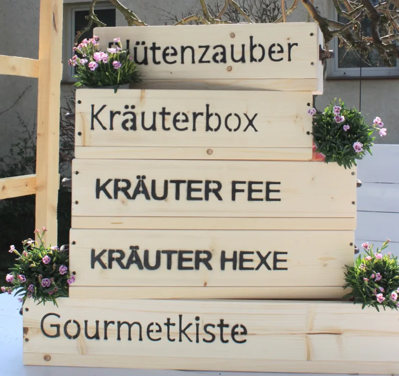 Blumenkasten " Das Original von Dekorie " aus Holz mit Schriftzug und Eisen Griffen 50 - 90 cm breit / 19,5 cm tief / in Natur