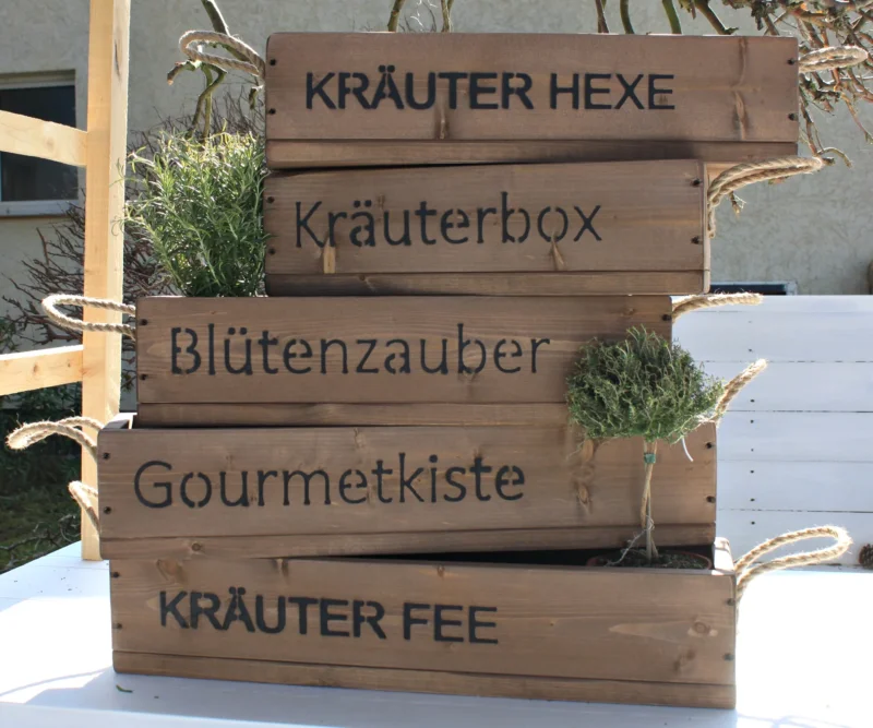 Blumenkasten " Das Original von Dekorie " aus Holz mit Schriftzug und Leinen Griffen 50 - 90 cm breit / 19,5 cm tief / in Braun
