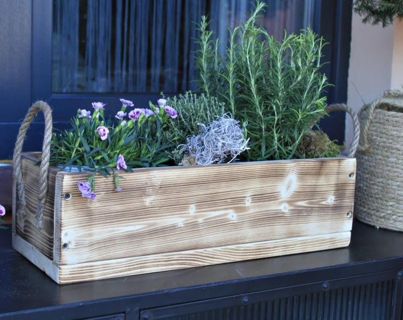 Blumenkasten " Das Original von Dekorie " aus Holz mit Leinen Griffen 30 - 90 cm breit / 19,5 cm tief / in geflammt