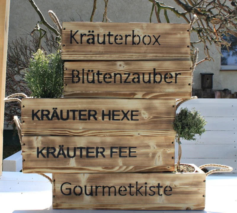 Blumenkasten " Das Original von Dekorie " aus Holz mit Schriftzug und Leinen Griffen 50 - 90 cm breit / 19,5 cm tief / in geflammt