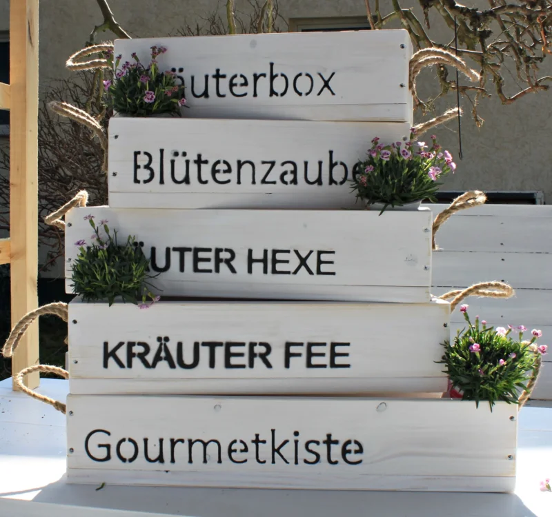 Blumenkasten " Das Original von Dekorie " aus Holz mit Schriftzug und Leinen Griffen 50 - 90 cm breit / 19,5 cm tief / in Weiß