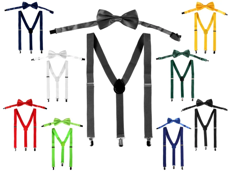 Hosenträger Set mit Fliege Unisex Y-Form 3 Clips One Size verstellbar elastisch Klassisch Modern für Herren und Damen Hochzeit Party Fasching Karneval Business Outfit Accessoire