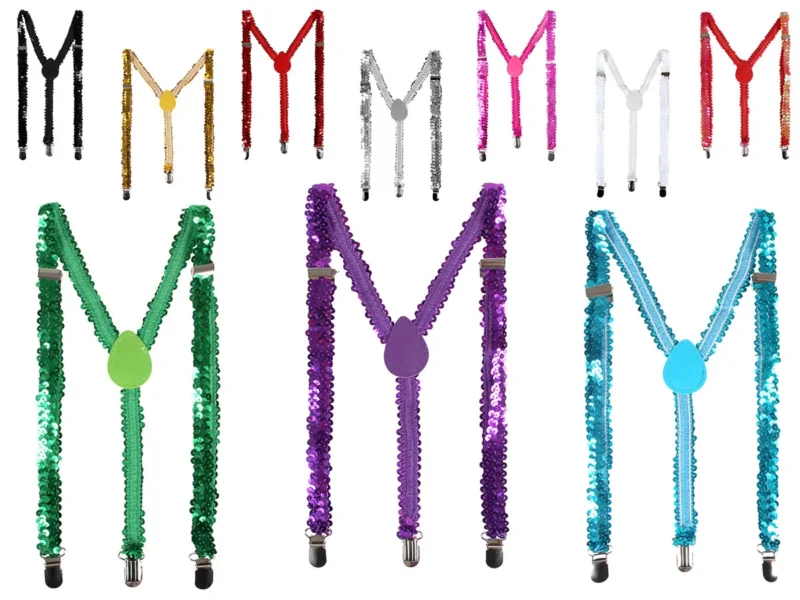 Pailletten Hosenträger bunt Unisex Y Form mit 3 Clips verstellbar elastisch Hosenträger für Damen und Herren Karneval Fasching Party Show Kostüm Accessoire