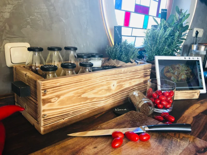 Gewürzhalter Gewürzregal Utensilienbox Küche Tablethalter Rezeptehalter Holz geflammt