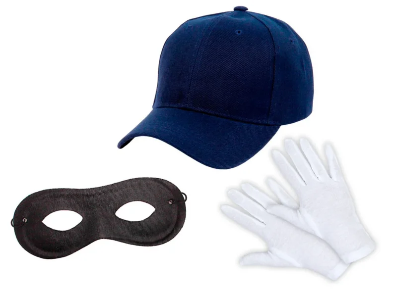 Panzerknacker Fans Kostüm Outfit Set – Cap Handschuhe Maske – Räuber Safeknacker Dieb Bandit Verkleidung – Karneval & Fasching