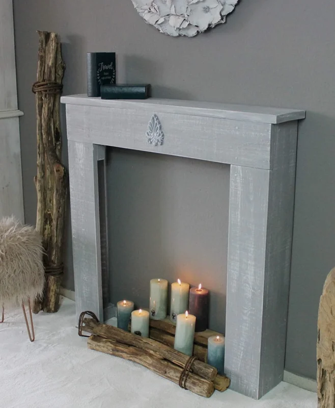Kaminkonsole Dekokamin Kaminsims aus Holz | fertig montiert grau / shabby