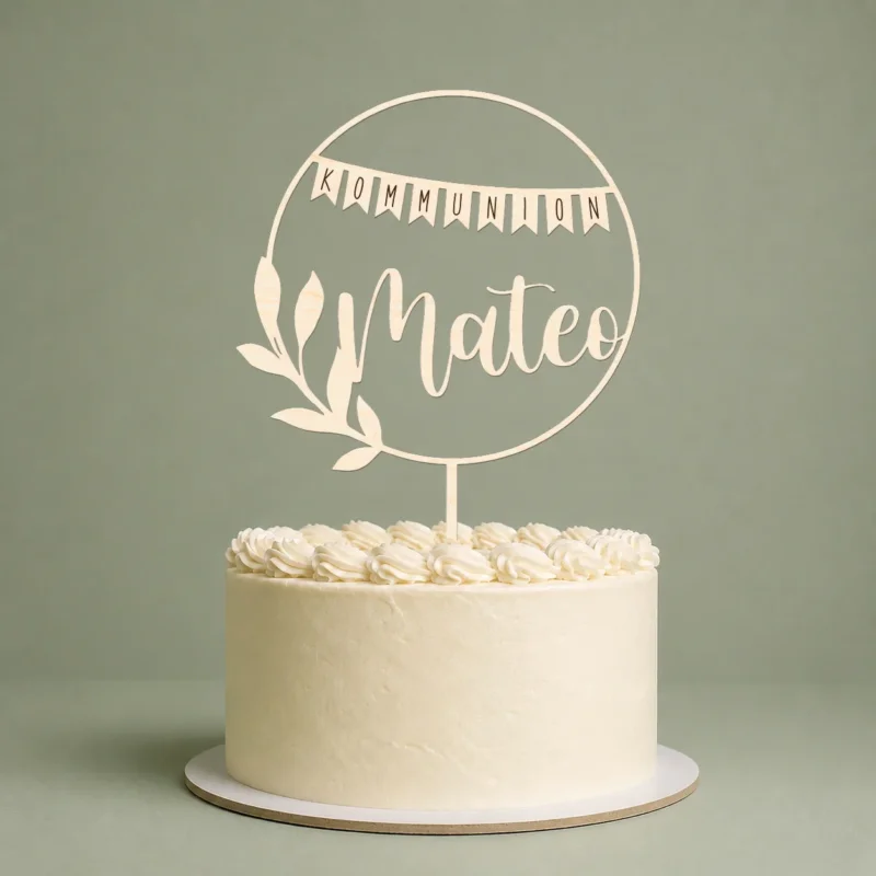 Tortenstecker Kommunion Cake Topper - Wimpel, personalisierbar mit Namen - Größe: 15-25 cm, Holz oder Acryl