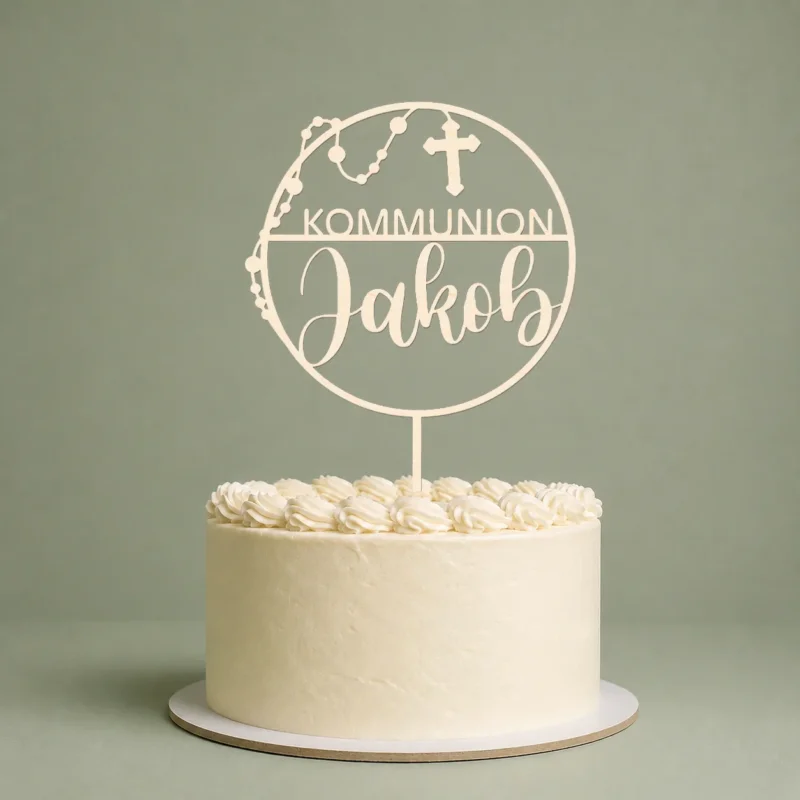 Cake Topper Tortenstecker Taufe Kommunion Konfirmation Rosenkranz Kuchenstecker - Kuchendeko personalisierbar mit Namen - Größe: 15-25 cm, Holz oder Acryl