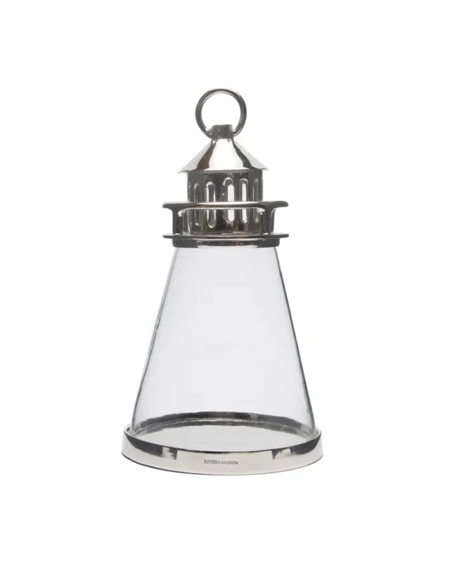 Leuchtturm Windlicht "Lighthouse Lantern" von Wrendale Designs vor weißen Hintergrund. Das Windlicht besteht unte und oben aus Metall und ist in der Mitte Kegelförmig aus Glas.
