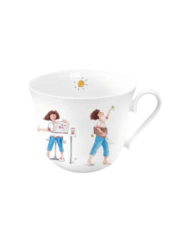 Lieblingstasse „Frauenpower“ vom Grätz Verlag, weiß mit Motiv von zwei selbstbewussten Frauen im Alltag.