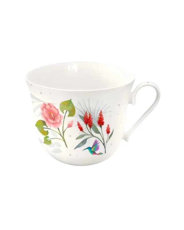 Lieblingstasse Paradiesvogel mit tropischen Blumen und kleinem Kolibri vom Grätz Verlag vor weißem Hintergrund.