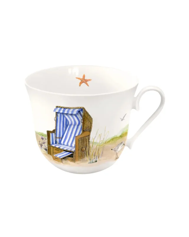 Lieblingstasse Strandkorb vom Grätz Verlag mit einem Strand-Motiv vor weißem Hintergrund.