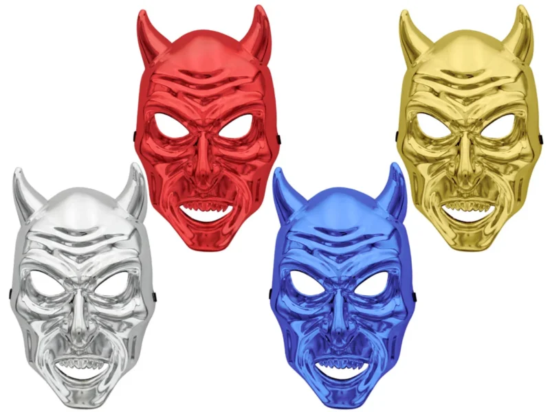 Halloweenmaske mit Zähnen & Teufelshörnern gold silber blau rot – Gruselmaske für Karneval Fasching Horror Kostüm Motto Party Verkleidung