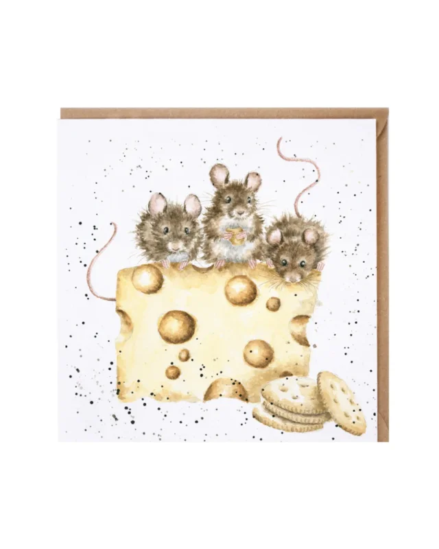 Die Grußkarte Crackers about Cheese von Wrendale Designs zeigt drei braun-weiße Mäuse, welche auf einem Stück gelbem Käse sitzen und daran nagen. Vor dem Stück Käse liegen vier Cracker, welche von einer der Mäuse beäugt werden.