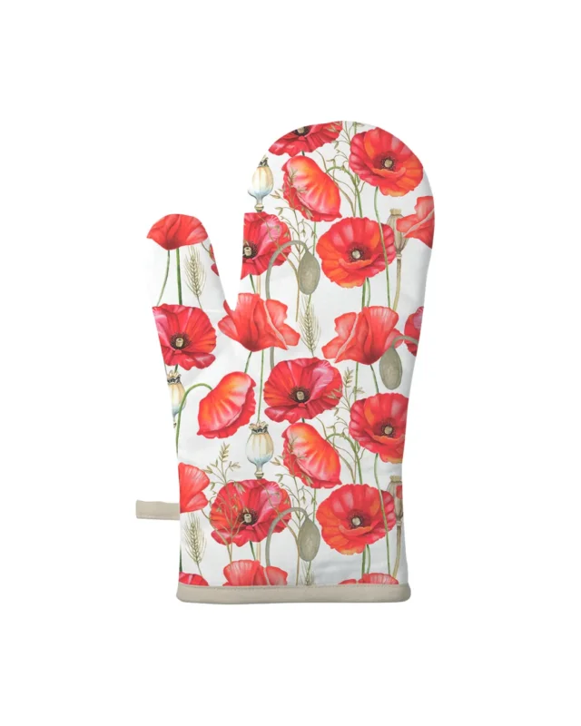 Ofenhandschuh mit rotem Mohnblumenmotiv, Ähren und Samenkapseln der Marke Ambiente, isoliert auf weißem Hintergrund.
