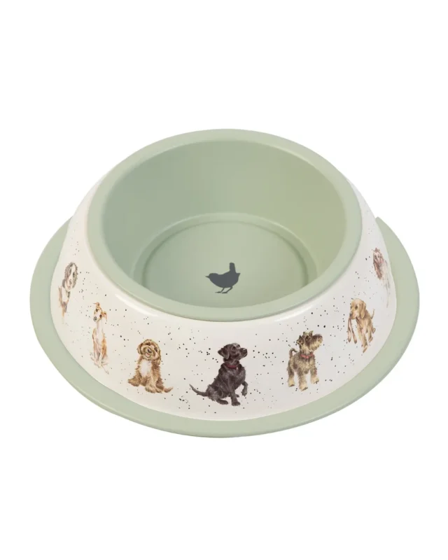 Hundnapf von Wrendale Designs mit Hundemotiven und grüner Außenfarbe. Der Napf ist von oben fotografiert.