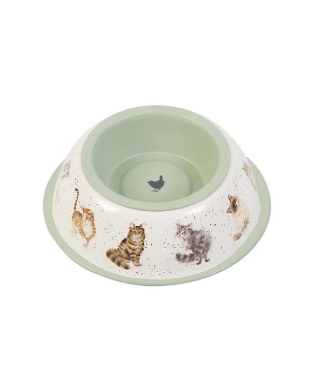 Katzennapf von Wrendale Designs mit Katzenmotiven und grüner Außenfarbe. Der Napf ist von oben fotografiert.