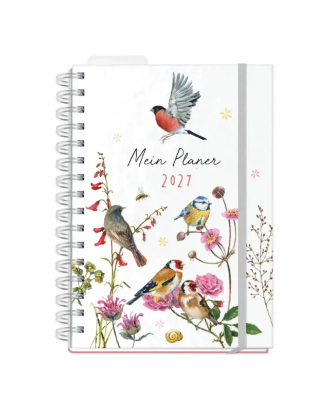 Planer 2027 "Zeit für Harmonie" von Grätz Verlag vor weißen Hintergrund. Das Motiv zeigt verschiedene Vogelarten welche auf unterschiedlichen Pflanzen und Blumen sitzen. Das Deckblatt ist farbenfroh gestaltet und zeigt die Aufschrift "Mein Planer 2027".
