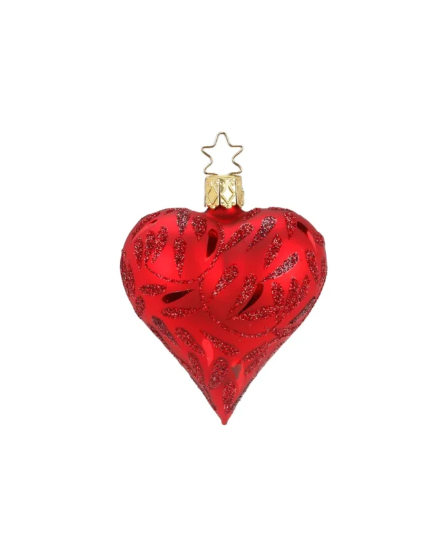 Weihnachtsbaumschmuck rotes Herz von Inge Glas. Handgefertigt in Deutschland mit dunkel- und hellroten Girlanden-Glitzer-Highlights.