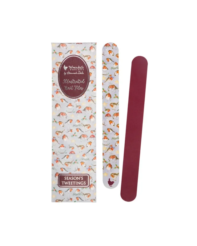 Nagelfeile „Season’s Tweetings“ von Wrendale Designs mit Rotkehlchen-Motiv vor weißem Hintergrund.