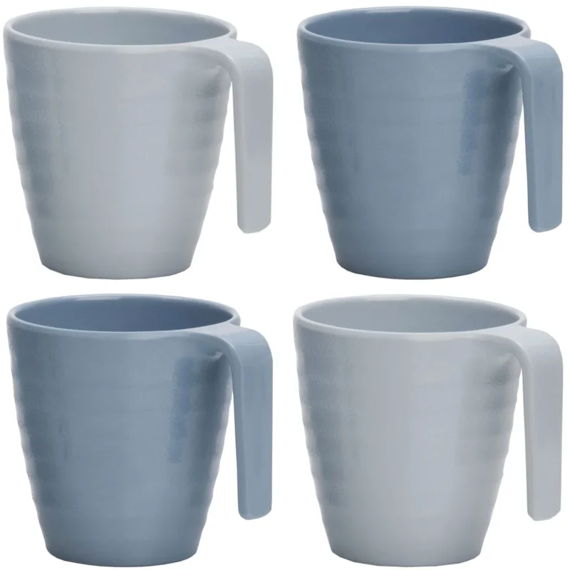 Melamin 4 Tassen 325 ml ideal für Camping - Tonoptik blau - Stapelbar - Trinkbecher Kaffeetasse - Kaffeebecher