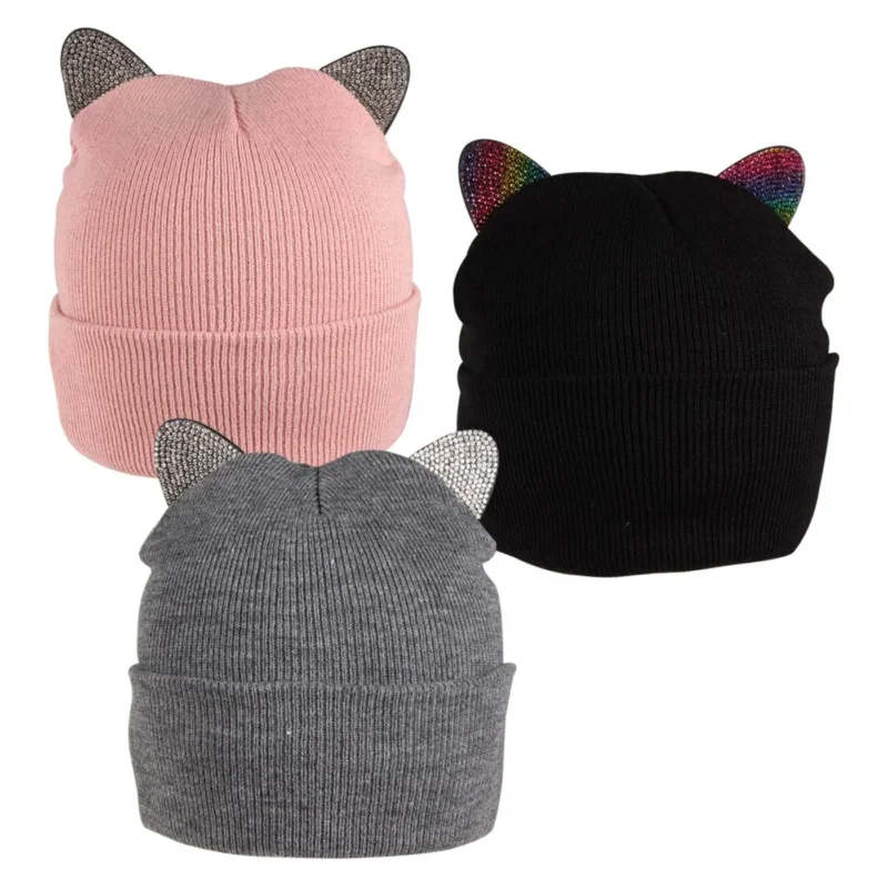 Wintermütze Mädchen Katzenohren Kindermütze Diamant-Optik Damenmütze Strickmütze Mütze Gestrickte Beanie Katzenohrmütze