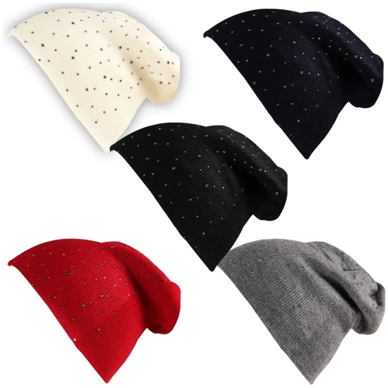 Wintermütze Strass Steine Long Slouch Damen Diamant-Optik Strickmütze Mütze Gestrickte Beanie