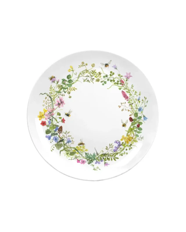 Frühstücksteller Wilde Bienen vom Grätz Verlag mit Blumenkranz und Bienenmotiv von Daniela Drescher vor weißem Hintergrund.